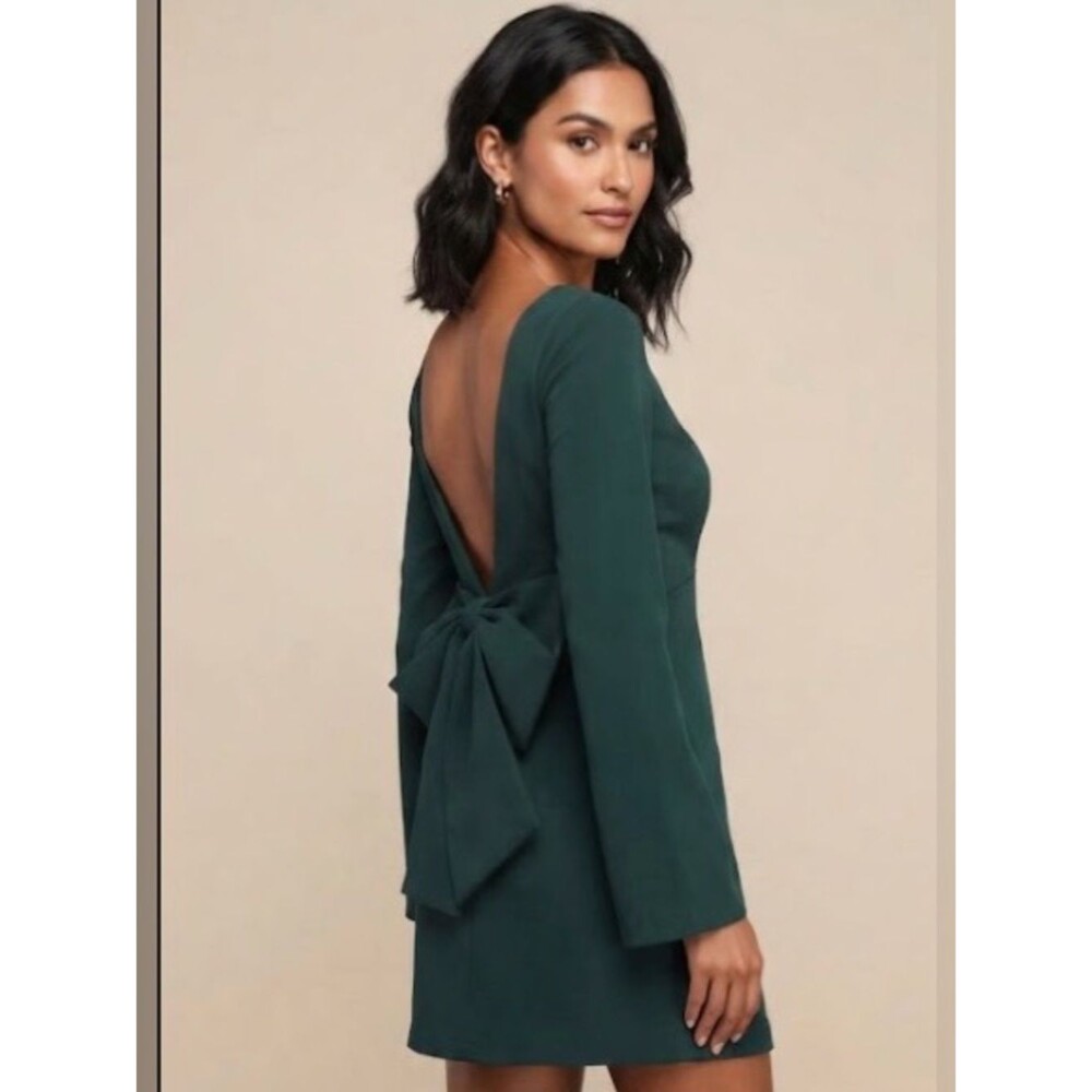 Lulus Long Sleeve NTW S Deep Back Bow Mini Dress in Dark Green Cocktail Holiday